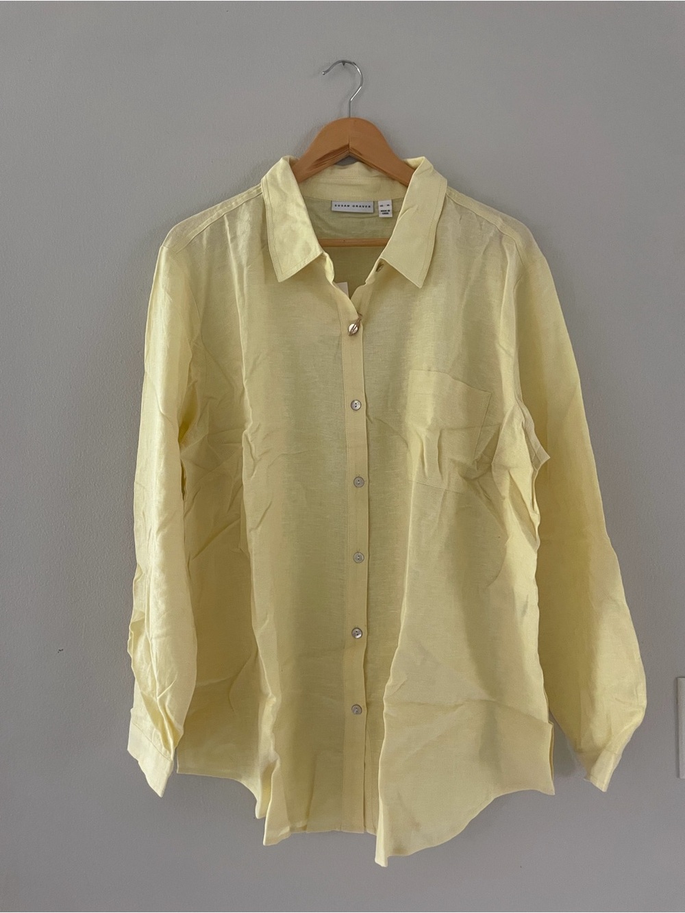 Susan Graver Pale Yellow Linen Button-Down Shirt